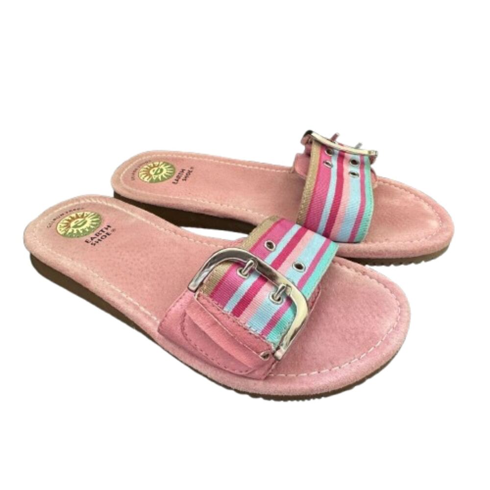 Earth Shoe Vintage Pink Suede Slide Sandals Striped Buckle Y2K Comfort Mule Sz 8